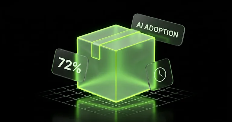 A central white package, glowing blue/purple data streams, and clear modules visualize Predictive Logistics: AI Turns Carrier