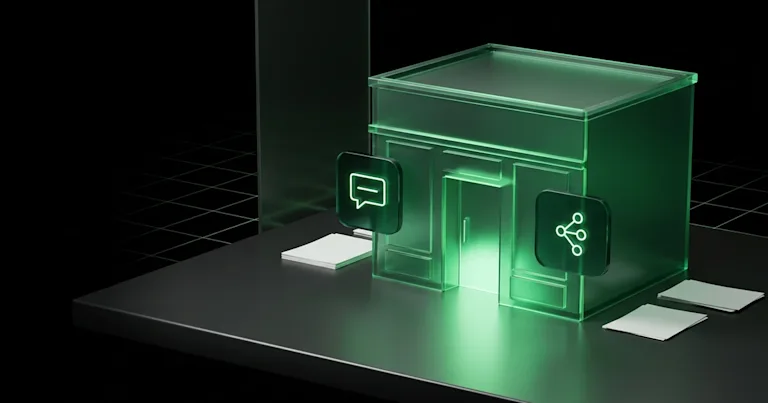 A green glass store model for Profound or Peec AI: Tracking AI Brand Mentions in Retail features glowing tech