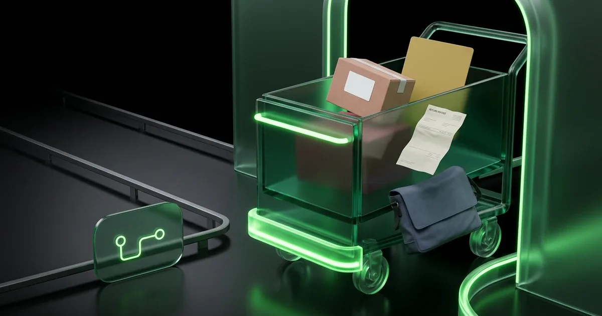 Green-glowing transparent cart with packages and invoice, on dark rails with a circuit icon