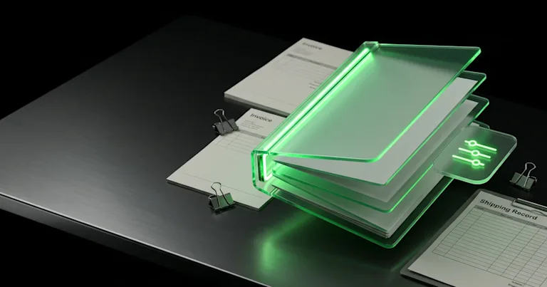 Glowing green folder shows how AI agents use logistics KPIs to negotiate carrier rates beside paper