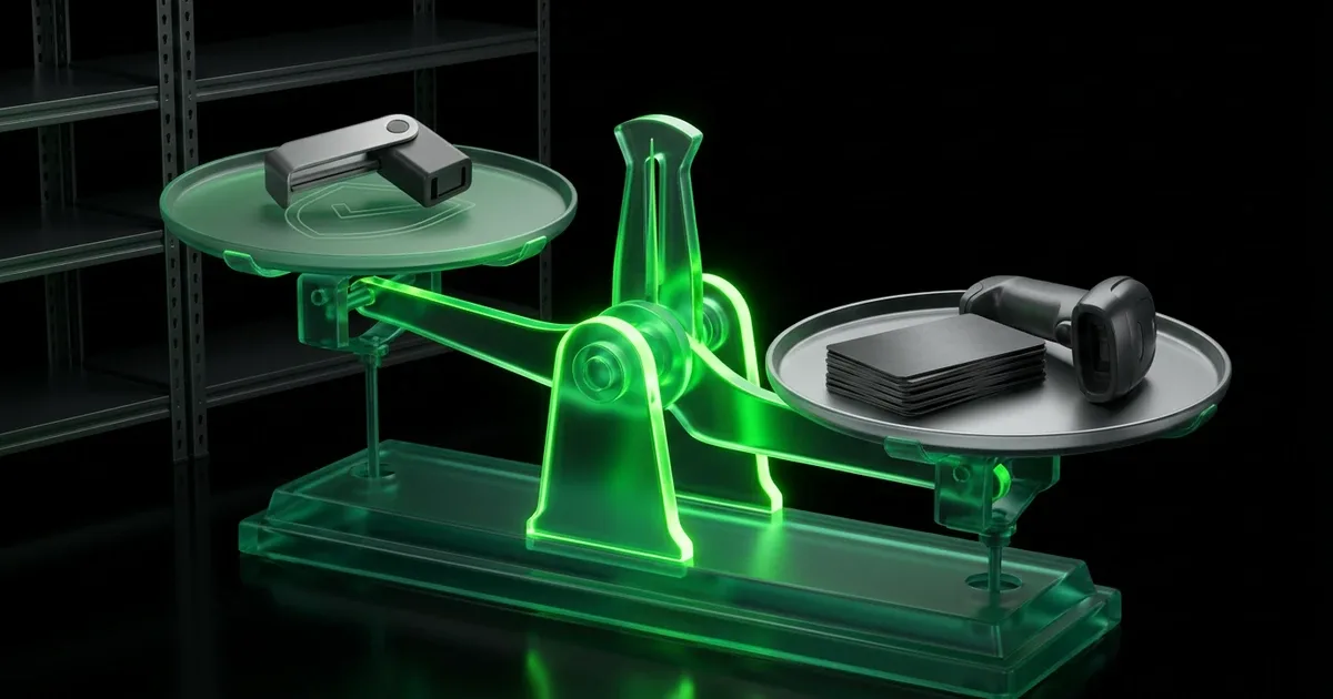 A glowing green scale holds a scanner and cards for Return Fraud: Calculating Returnless Refund Margin