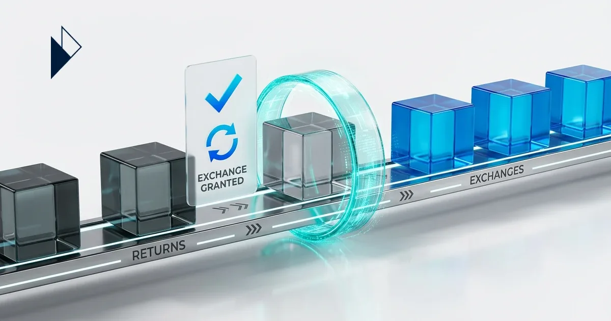 Grey cubes turn blue through a teal ring for a Returns Automation Playbook for High-Growth E-Commerce Brands.