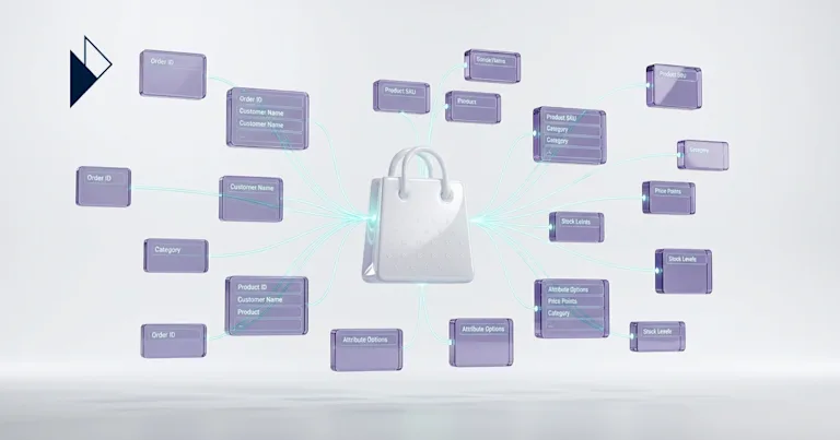 Purple cube with shopping bag and teal delivery display for Schema for AI Agents: Building Relational Entities in E-Commerce.