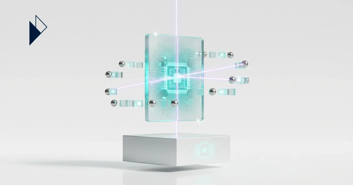 A glowing teal microchip floats with silver spheres in Stripe & OpenAI Agentic Checkout: A Guide for E-commerce Leaders.