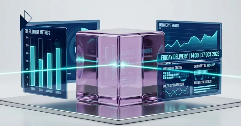 A purple glass cube glows between Agentic Commerce & The Death of the Local Moat in E-commerce teal data panels.