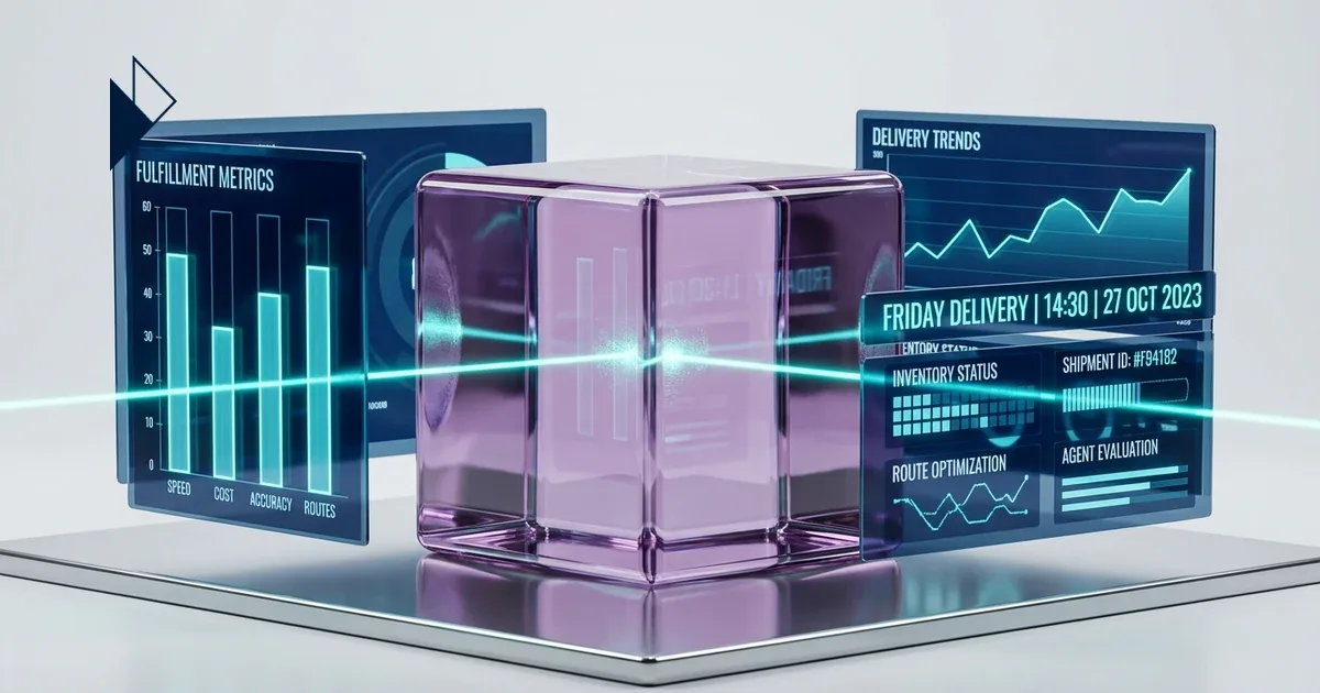 A purple glass cube glows between Agentic Commerce & The Death of the Local Moat in E-commerce teal data panels.