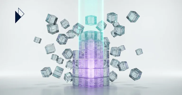 Abstract 3D rendering of fragmented data streams unifying into a single beam feeding an AI neural node — e-commerce carrier data visualization.