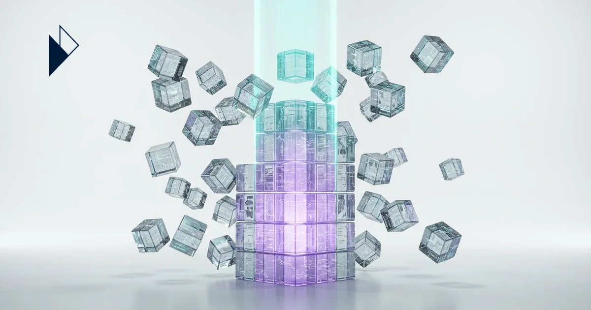 Abstract 3D rendering of fragmented data streams unifying into a single beam feeding an AI neural node — e-commerce carrier data visualization.