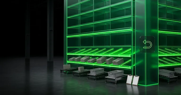 Boxes sit on glowing green warehouse shelves in Shipping Analytics: What Late Holiday Deliveries Cost