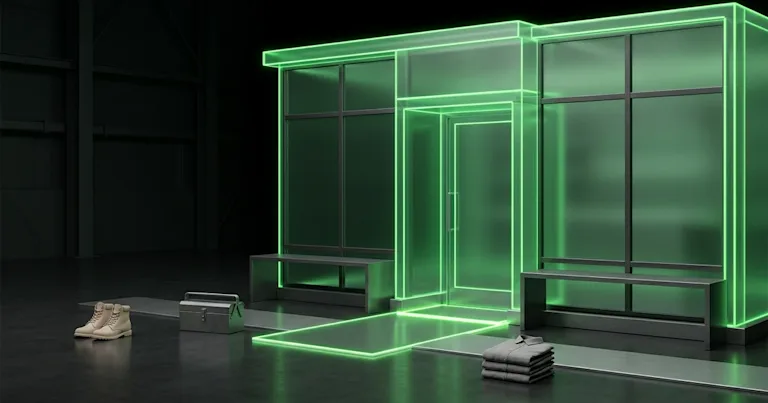 A glowing green storefront sits by boots and shirts for Agentic Checkout Specs