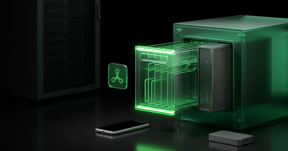 A glowing green server tray and phone represent Order Tracking in Agentic Commerce