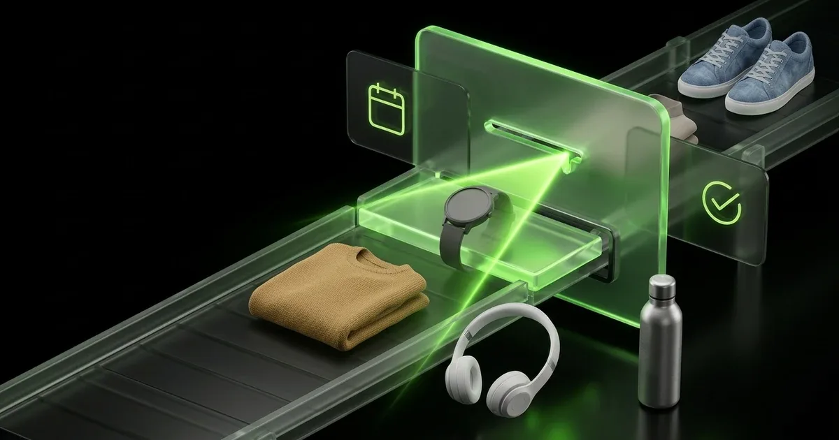 E-commerce: What Carrier Scorecards Miss About Delivery Promise is depicted by a green-lit conveyor scanning varied products