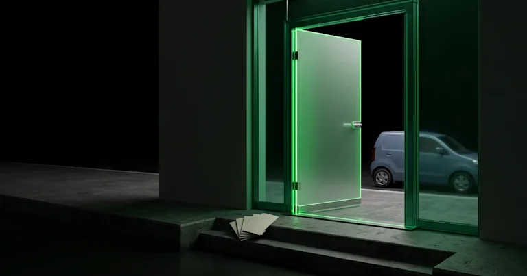 Mail lies outside an open glowing green door near a van for What Does Estimated Delivery Mean?