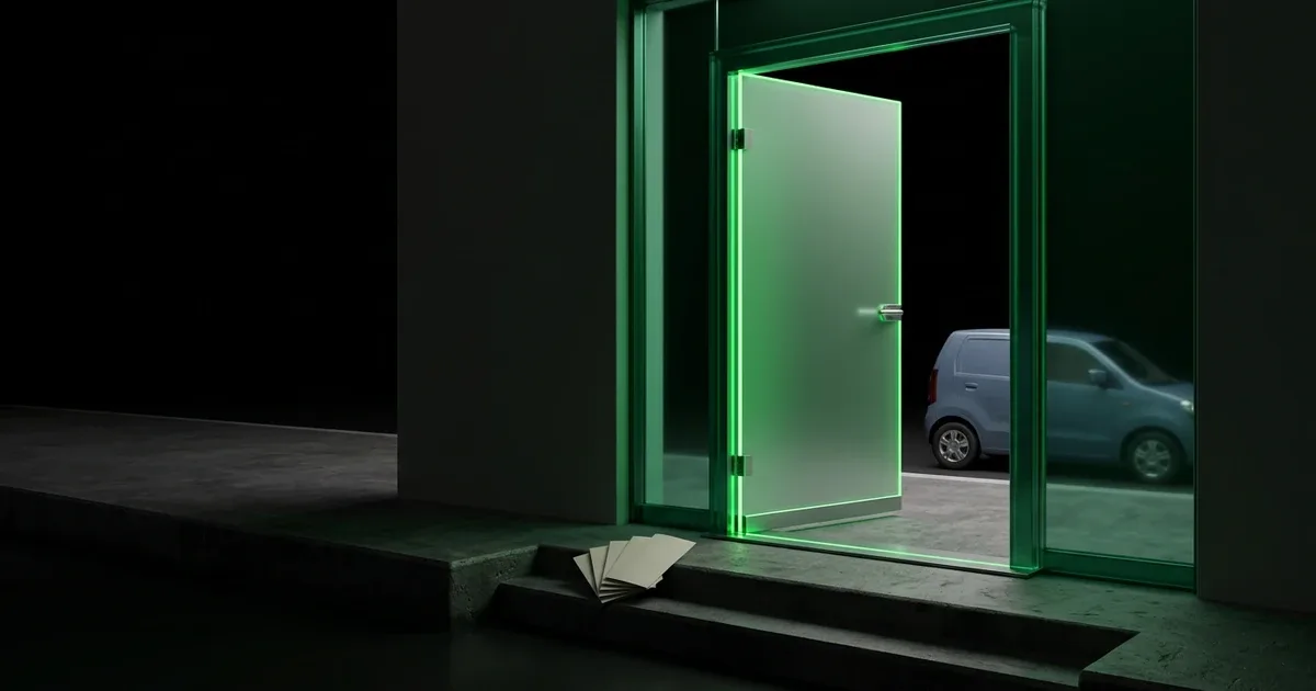 Mail lies outside an open glowing green door near a van for What Does Estimated Delivery Mean?