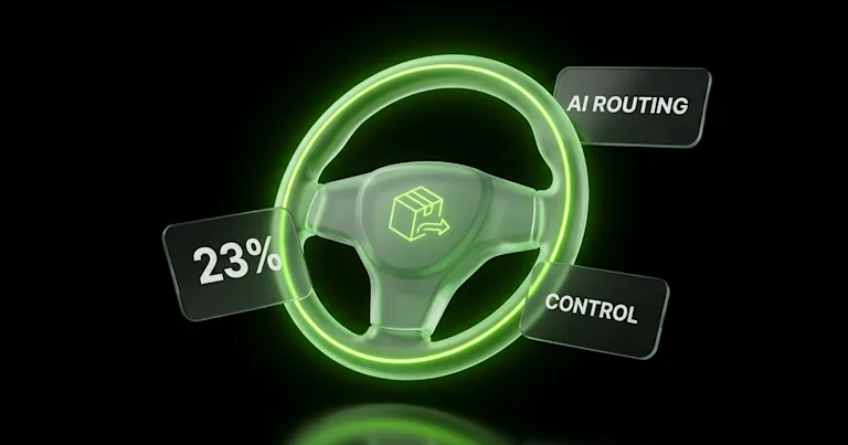 A glowing hand on transparent data modules embodies "When AI Selects Your Carriers: Regaining Control in Ecommerce Ops."
