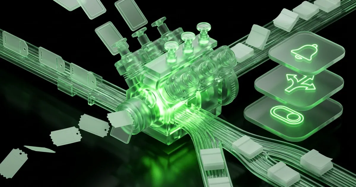 A glowing hand on transparent data modules embodies "When AI Selects Your Carriers: Regaining Control in Ecommerce Ops."