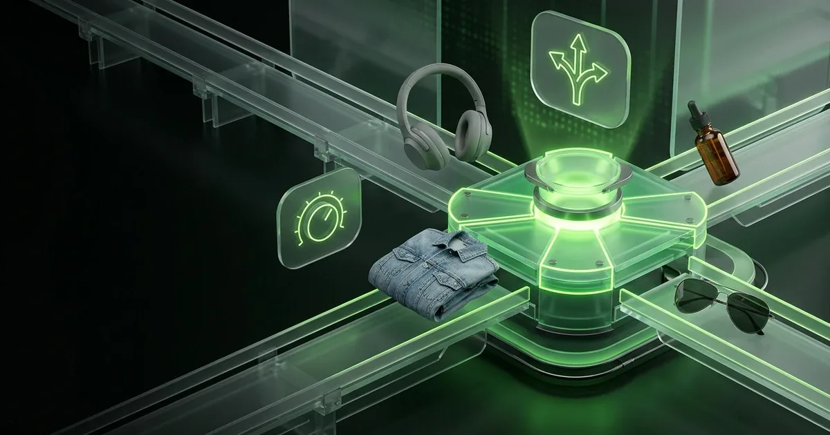 A glowing hand on transparent data modules embodies "When AI Selects Your Carriers: Regaining Control in Ecommerce Ops."