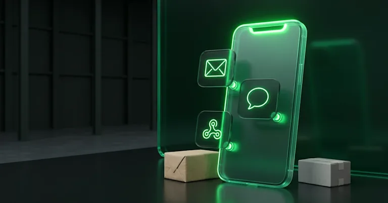 A glowing green phone stands by parcels for Perform.AI Delivery Notifications: Which Channels Are Supported?