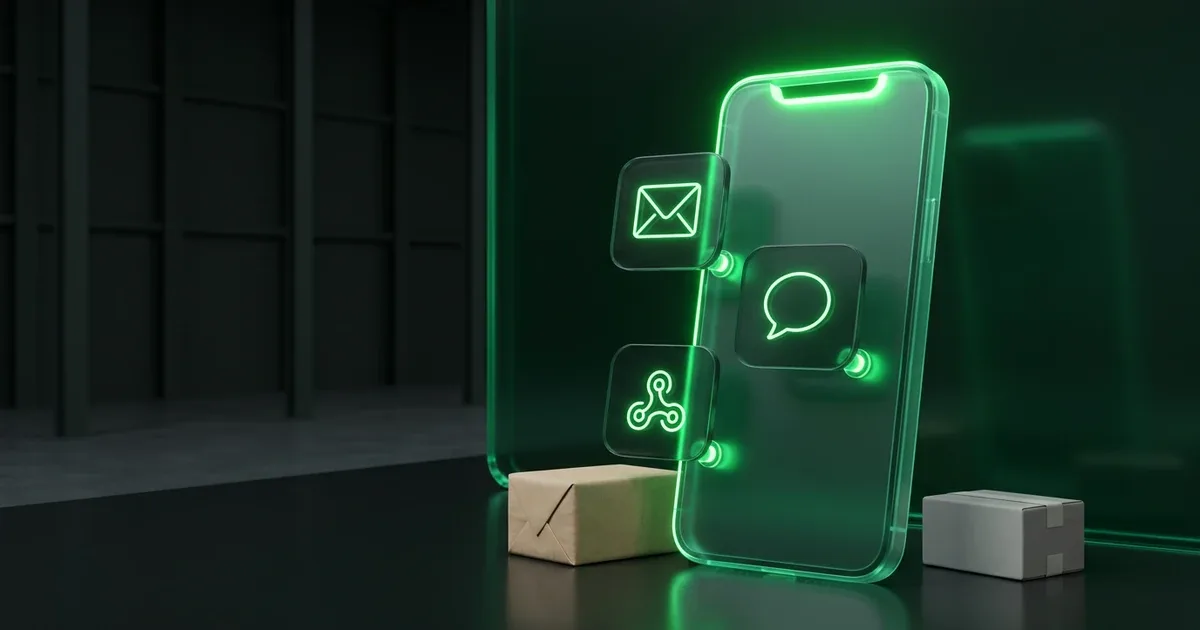 A glowing green phone stands by parcels for Perform.AI Delivery Notifications: Which Channels Are Supported?