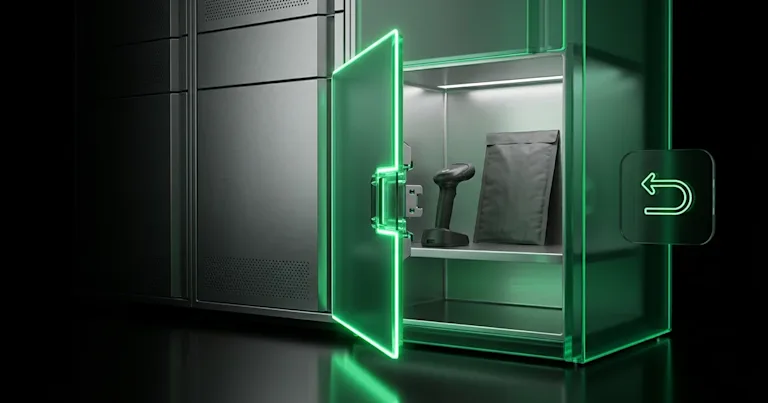 A parcel sits in a glowing green locker, showing why a poor returns policy drives e-commerce returns