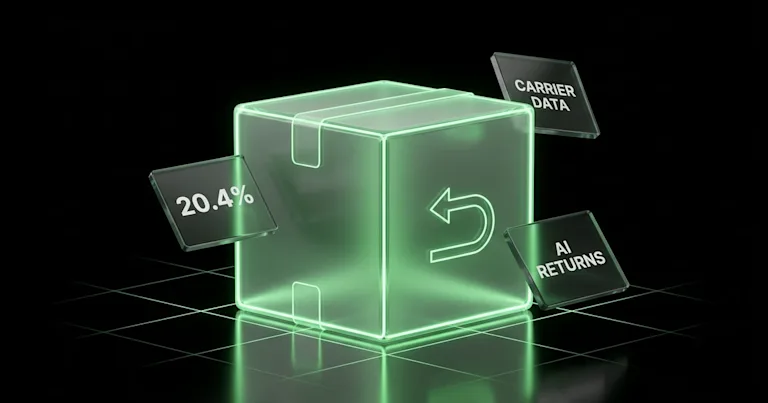 Translucent AI cube processes colorful incoming carrier data icons, outputting blue data streams to a server. Why AI Returns