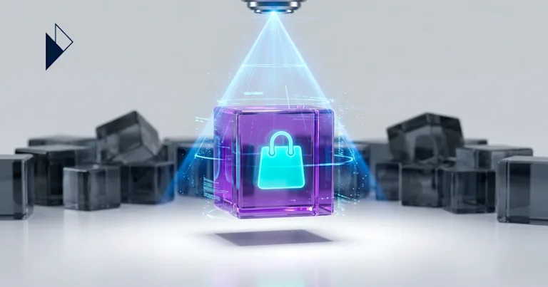 Why AI Shopping Agents Ignore Your Ecommerce Brand — Read on for the f; purple light scans a white box's cyan screen.