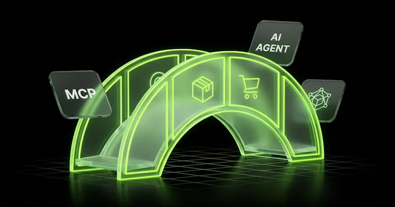 Why E-commerce Brands Need an MCP Layer for AI Shopping Agents: A central 'MCP' core processes glowing data to a UI screen.