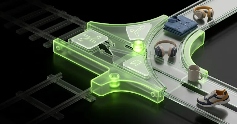 A robotic arm connects a glowing AI sphere and a translucent panel displaying "STUCK," for Predictive Logistics vs Real-Time