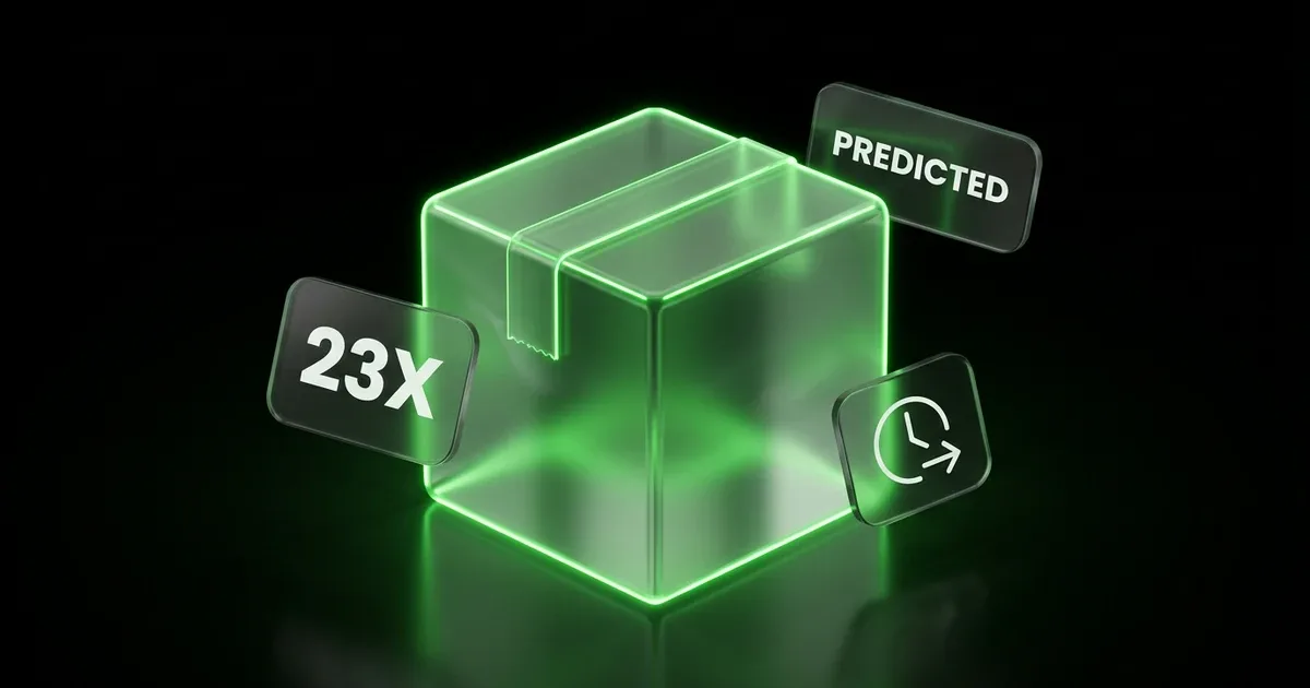 A robotic arm connects a glowing AI sphere and a translucent panel displaying "STUCK," for Predictive Logistics vs Real-Time