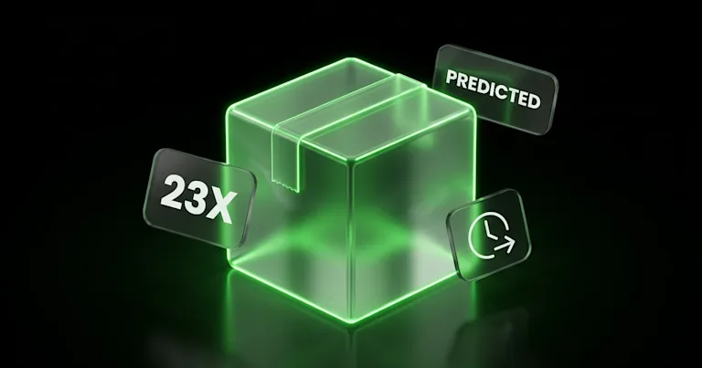A robotic arm connects a glowing AI sphere and a translucent panel displaying "STUCK," for Predictive Logistics vs Real-Time