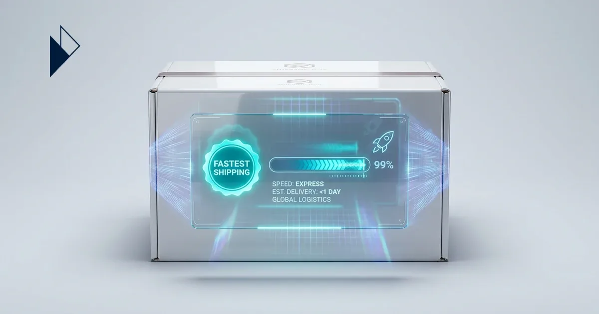 Glass cube flanked by purple shield and bolt icons: Winning 'Fastest Shipping' in E-commerce AI Search — Read on for the f