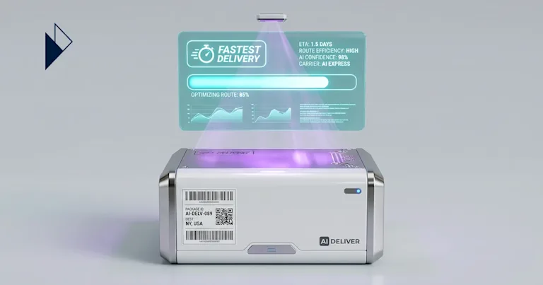 A purple card, clock, and calendar show Winning AI Search: Fast Shipping Optimization for Ecommerce with a teal checkmark.