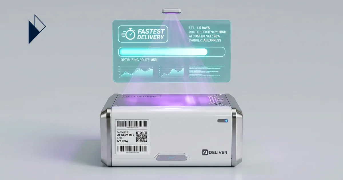 A purple card, clock, and calendar show Winning AI Search: Fast Shipping Optimization for Ecommerce with a teal checkmark.