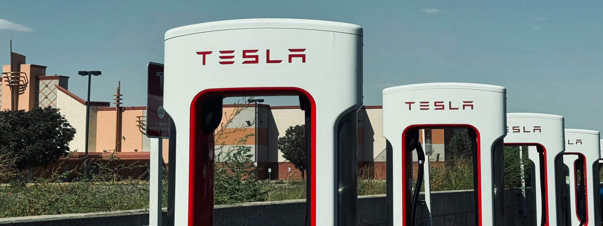 A row of Tesla Superchargers ready for use. 