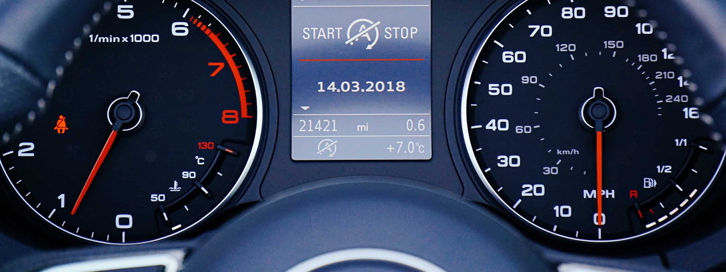 Dashboard of a vehicle showing the odometer. 