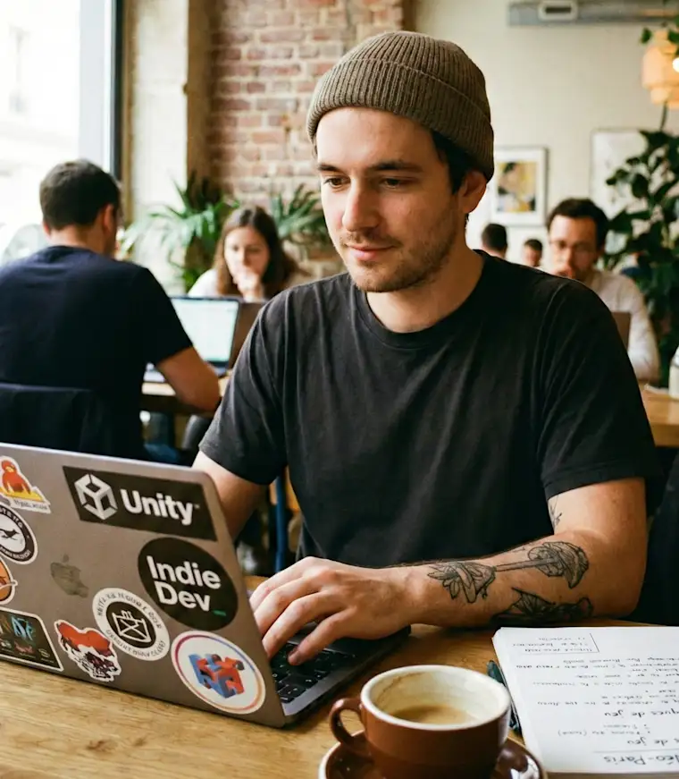 Tech&Digital-portrait-Video Games dev-working in cafey