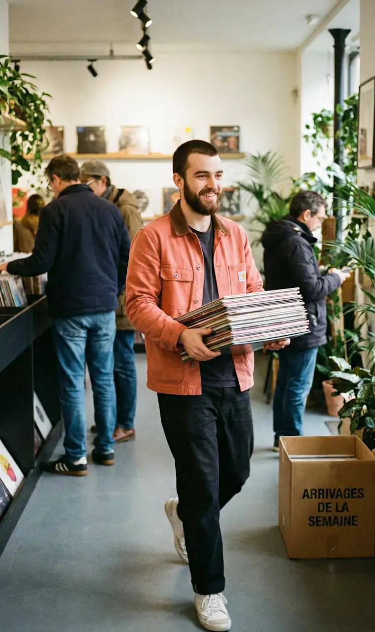 Arts Entertainment-portrait-record shop- client with discs