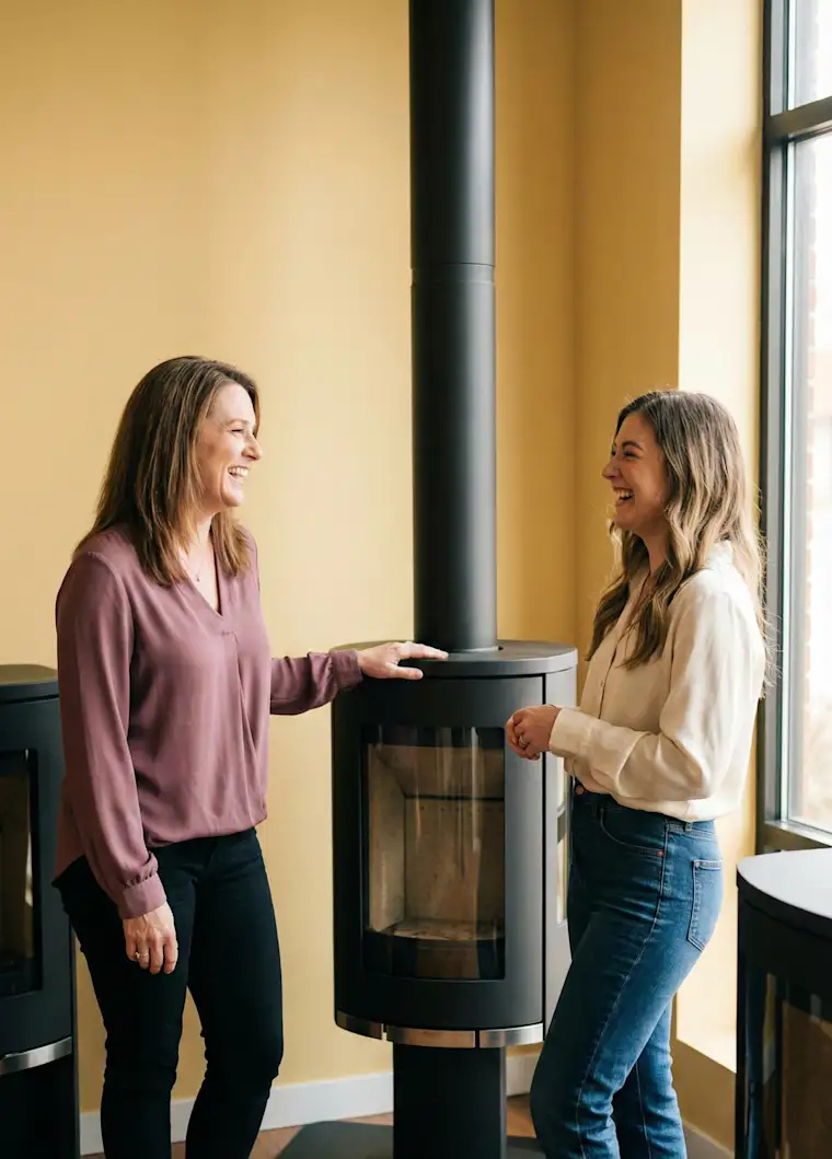 Deco & House-portrait-Fireplace shop-discussing in shop