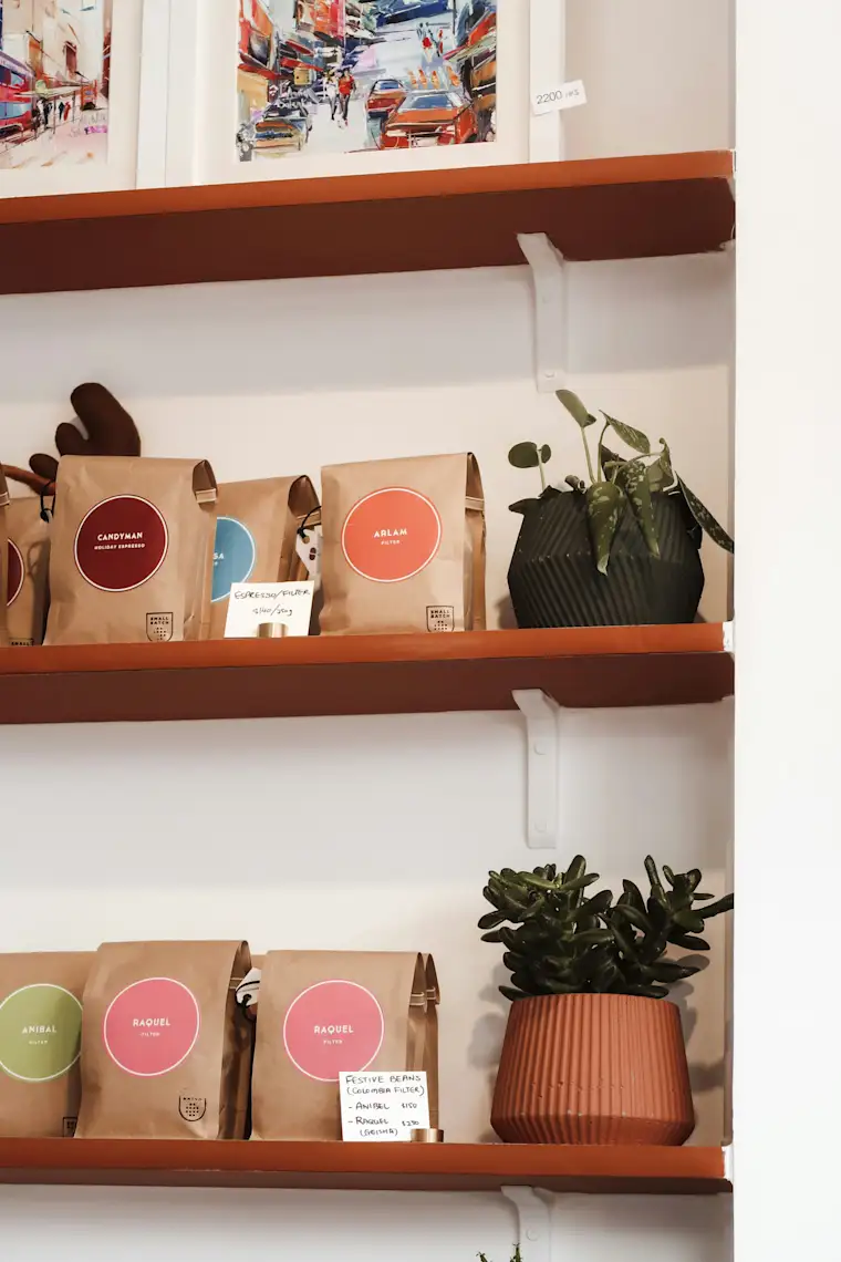 Food and Restaurants-portrait-coffee and tea shop-fr-coffee bags on shelves 2