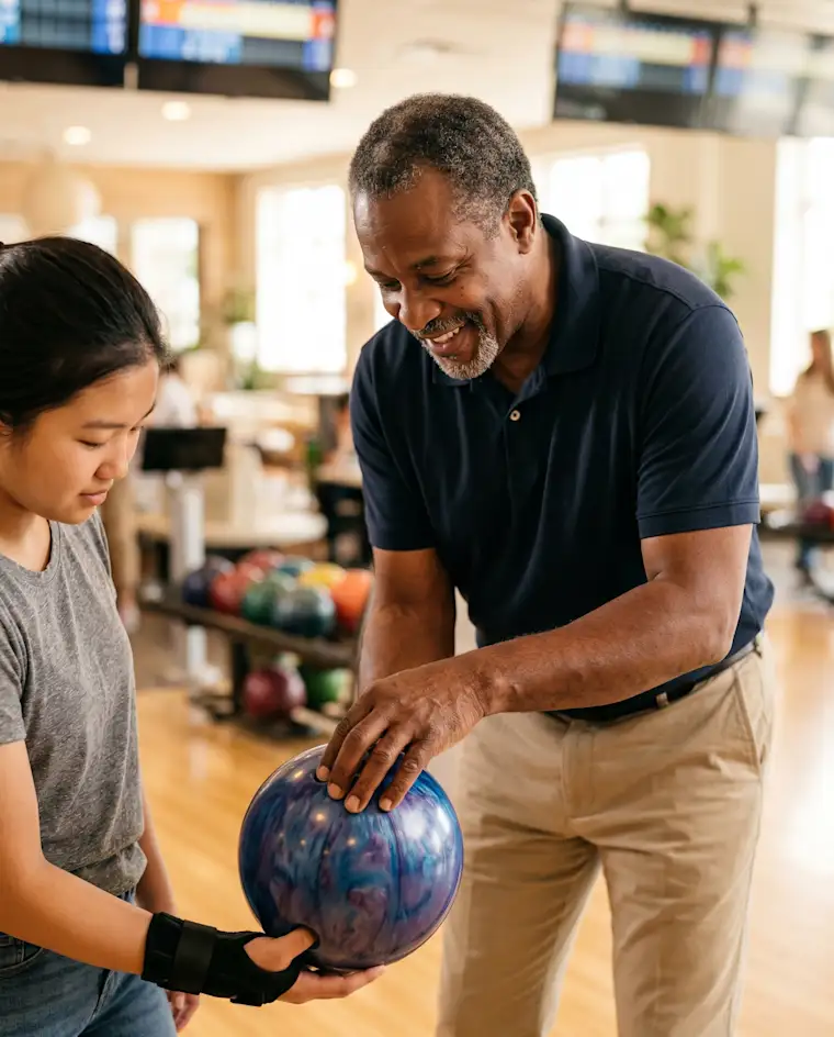 Beauty Wellbeing And Sport - Portrait - Bowling Instructor - Still - Bowling Instructor and student