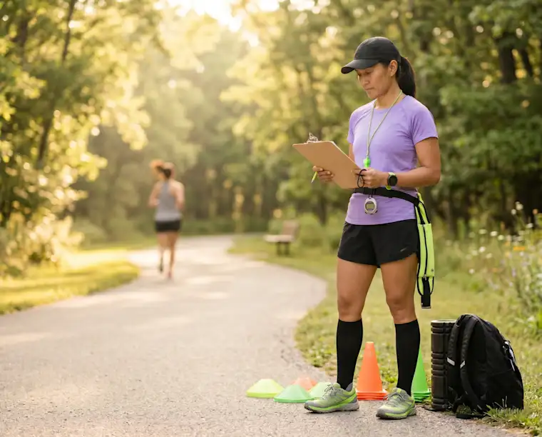 Beauty Wellbeing And Sport - Landscape - Running Coach - Hero - Coach on side of running trail