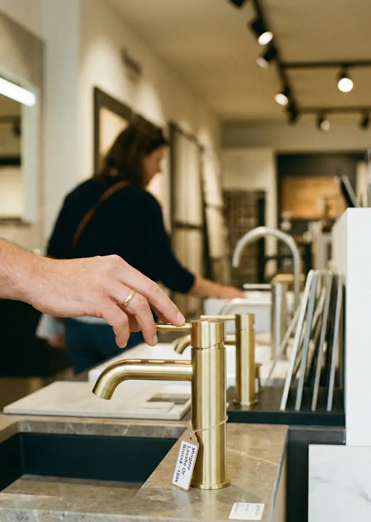 Deco & House-portrait-bathroom shop-close up hand on sink