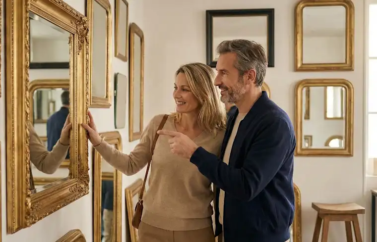 Retail-portrait-mirror-couple choosing mirror