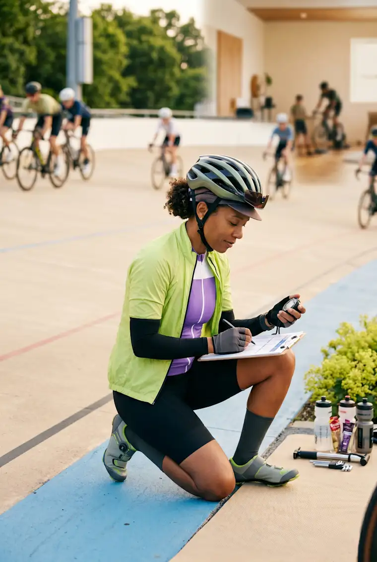 Beauty Wellbeing And Sport - Portrait - Cycling Coach - Action - Cycling coach kneeled down taking nores
