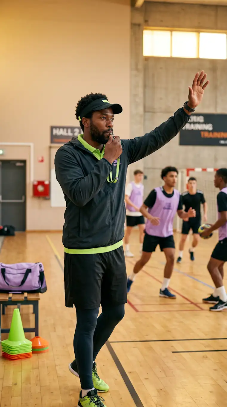 Beauty Wellbeing And Sport - Landscape - Handball Coach - Action - Coach blowing whistle with players in background