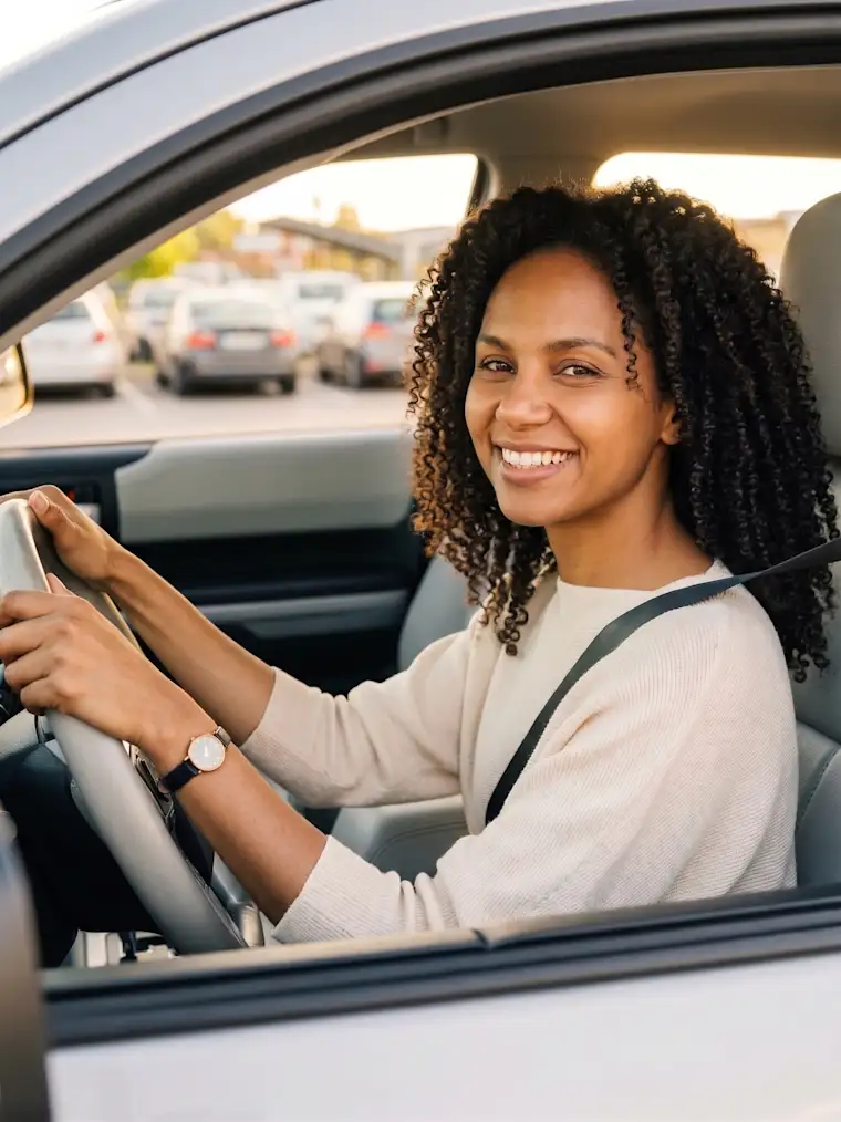 Women behind steering wheel in car