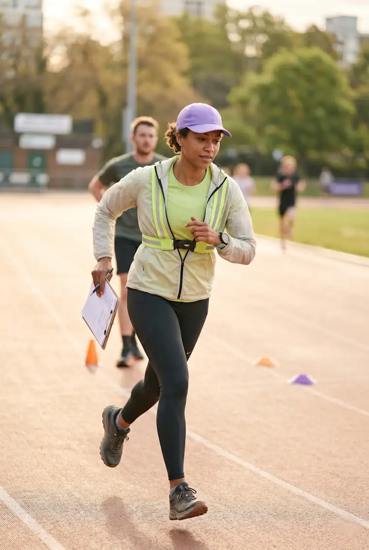 Beauty Wellbeing And Sport - Landscape - Running Coach - Action - Coach showing running pose to client
