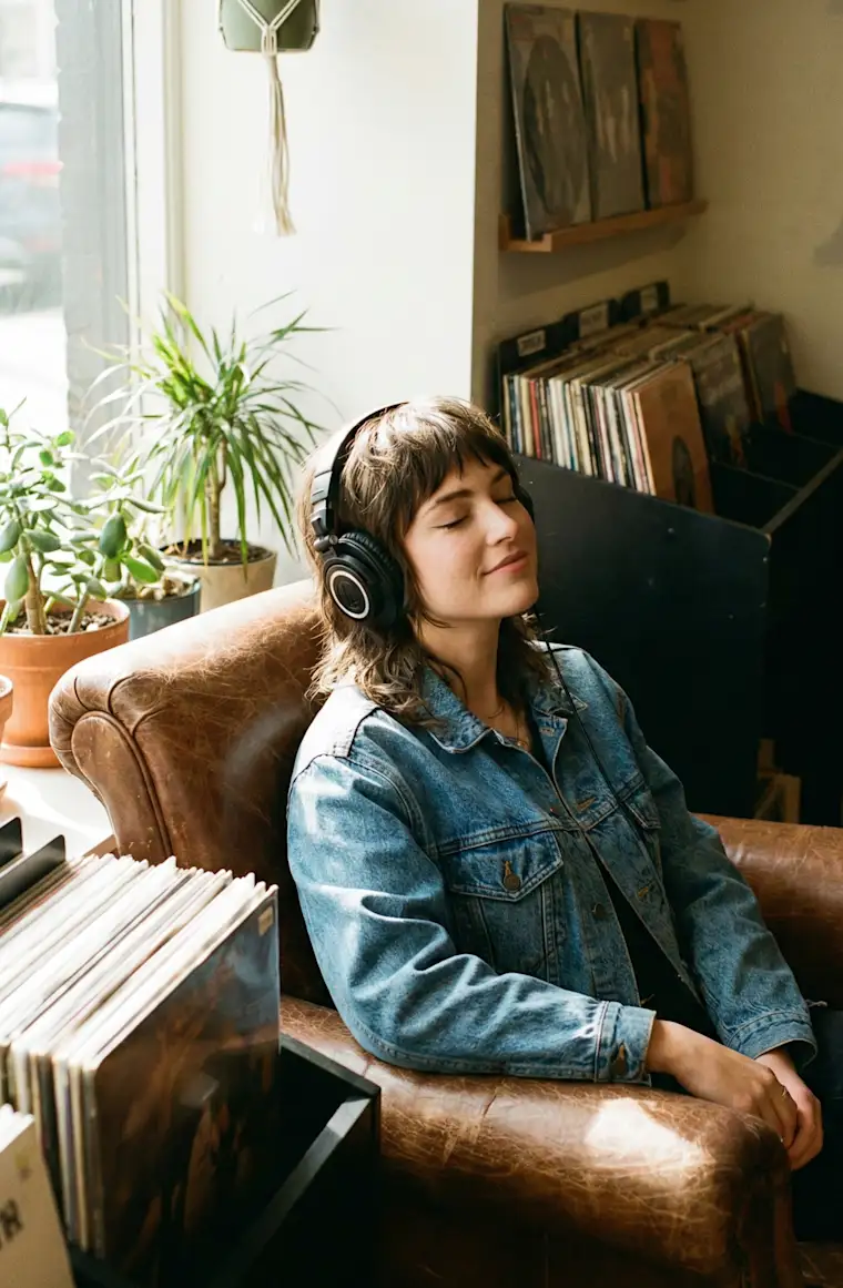 Arts Entertainment-portrait-record shop- client in couch