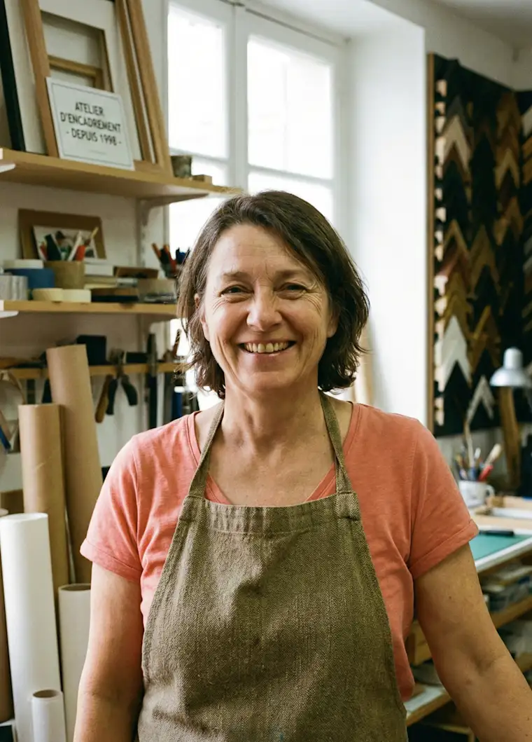 Retail-portrait-frame-seller facing camera