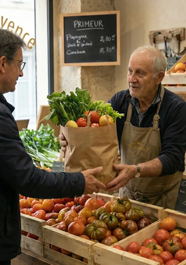 vegetables seller with client